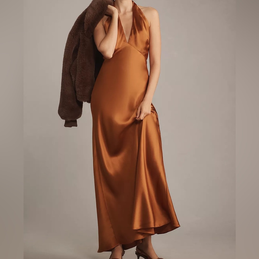 Reformation Daniela 100% silk copper maxi halter gown dress wedding fall size 8 - Picture 12 of 13
